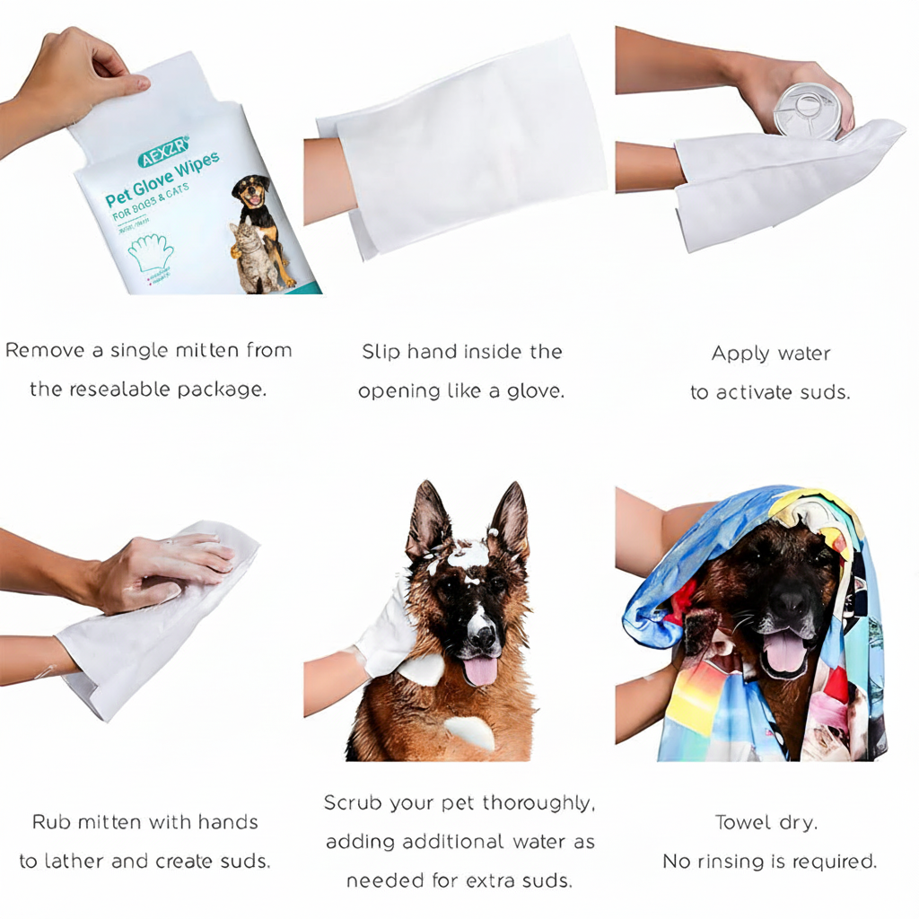 🔥 AEXZR®  Rinse-Free Dog Shampoo Mitts – Hypoallergenic Pet Bath Wipes | 6-Pack for Easy Grooming & Sparkling Clean Fur 🐶✨