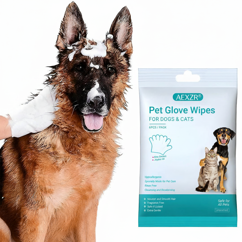 🔥 AEXZR®  Rinse-Free Dog Shampoo Mitts – Hypoallergenic Pet Bath Wipes | 6-Pack for Easy Grooming & Sparkling Clean Fur 🐶✨